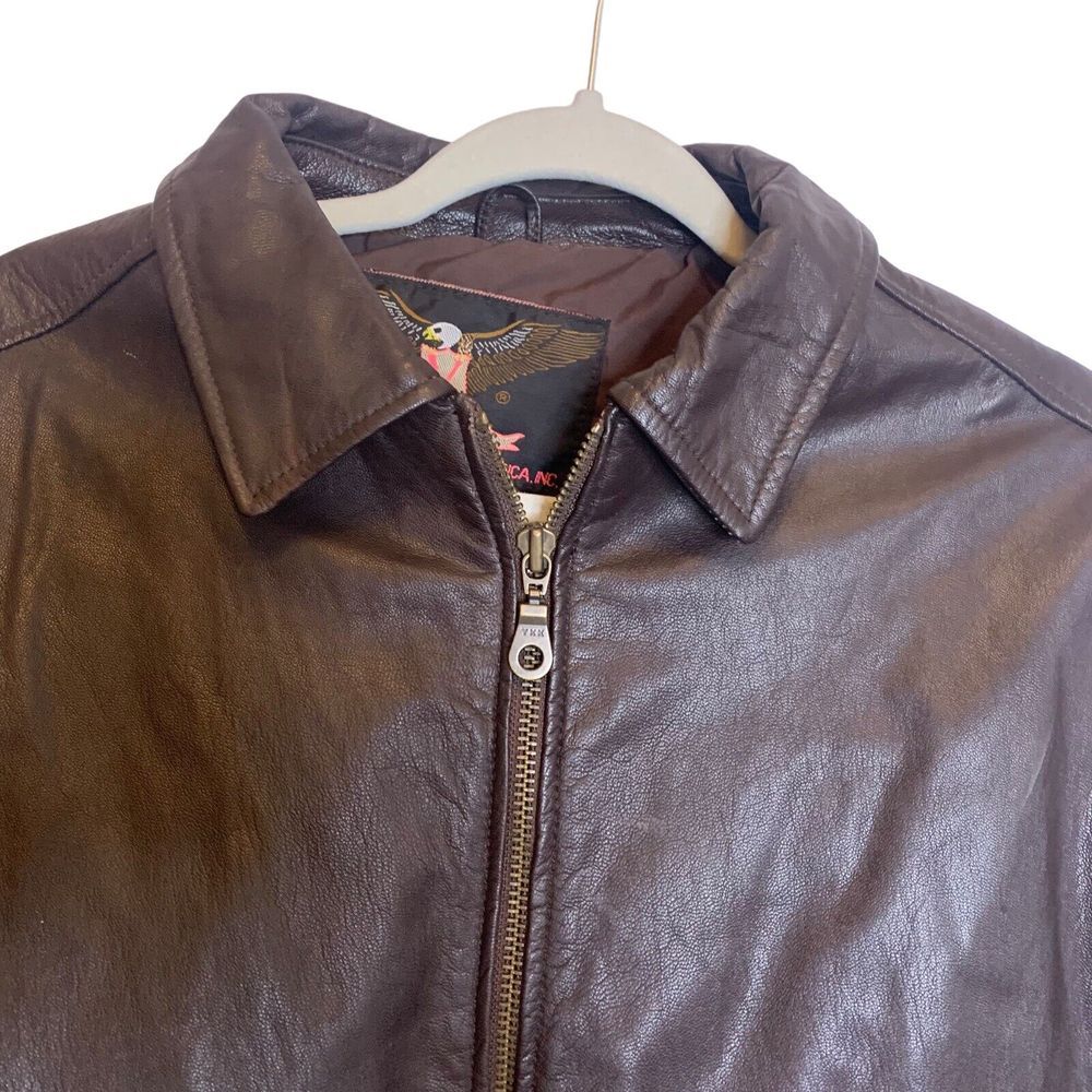 Vanguard Leather of America Jacket Mens Large Bomber Flight Brown Zip Front Coat - Picture 3 of 13